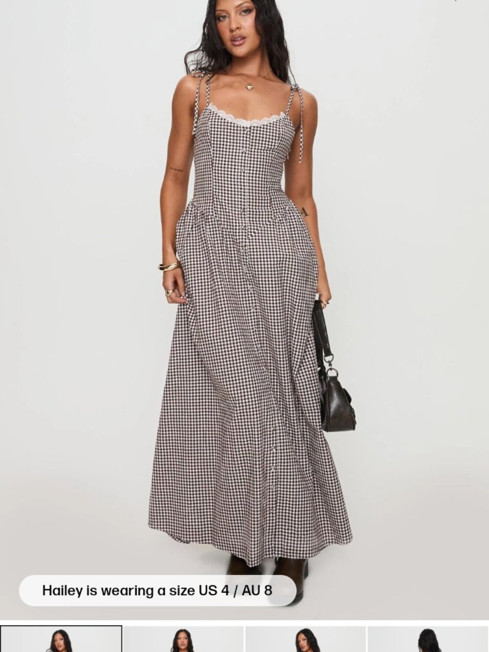 Dalanie Tie Strap Maxi Dress in Brown Gingham, Size 4